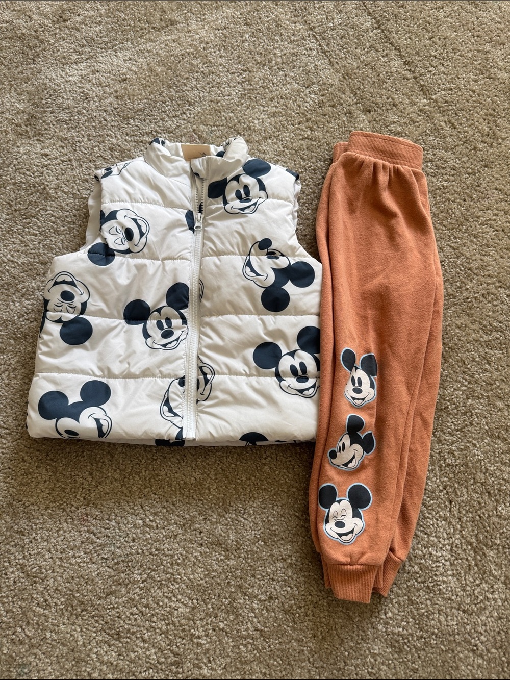 Disney White Mickey Face Puffer Vest with Rust Orange Joggers
